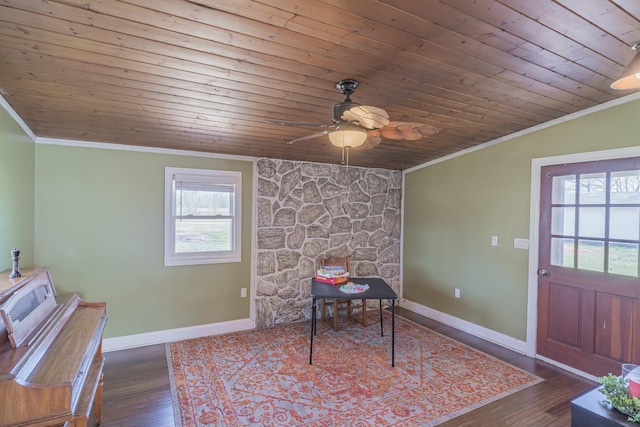 interior space featuring a ceiling fan, wood ceiling, ornamental molding, and wood finished floors