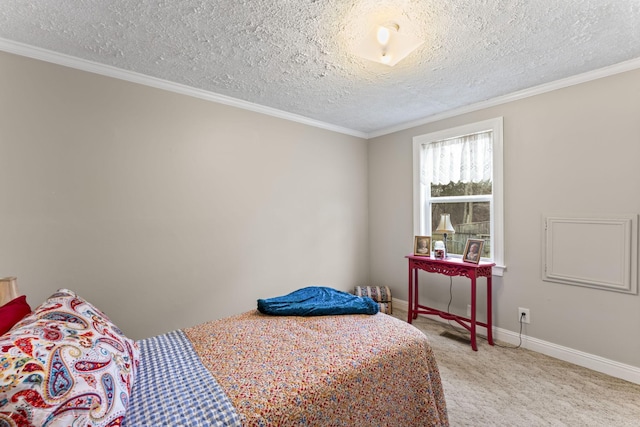 bedroom with baseboards, carpet floors, ornamental molding, and a textured ceiling