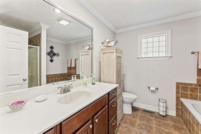 full bath featuring a stall shower, visible vents, crown molding, and tiled bath