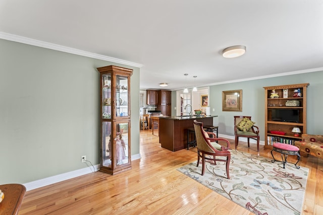 living room with baseboards, light wood-style floors, and crown molding