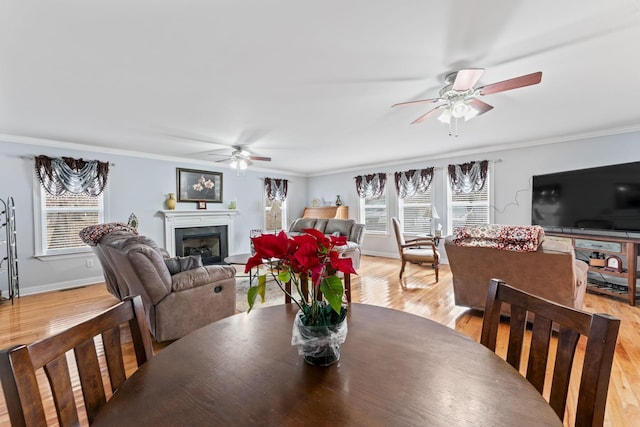 dining space featuring a ceiling fan, plenty of natural light, and light wood-type flooring