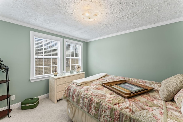 bedroom featuring baseboards, a textured ceiling, ornamental molding, and light colored carpet