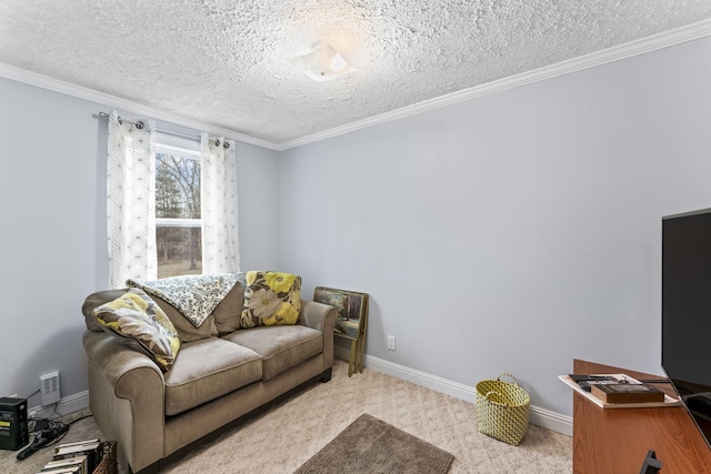 living room featuring light carpet, crown molding, baseboards, and a textured ceiling