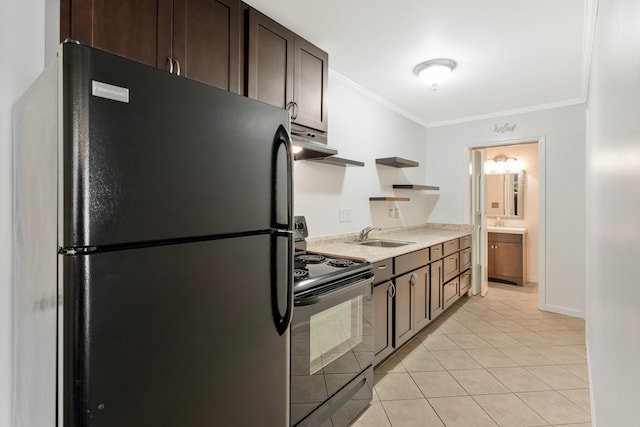 409 Cunniff Pkwy, Goodlettsville, TN 37072 - kitchen featuring crown molding, under cabinet range hood, a sink, open shelves, and black appliances