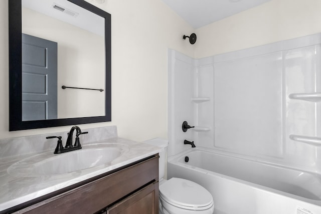full bathroom featuring toilet, vanity,  shower combination, and visible vents