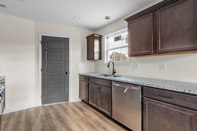 kitchen with light stone countertops, a sink, dark brown cabinets, and dishwasher