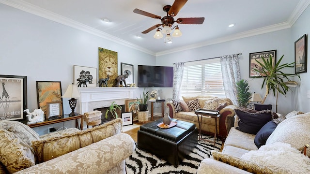 510 Castleview Dr, Lebanon, TN 37087 - living area featuring crown molding, a fireplace, and ceiling fan