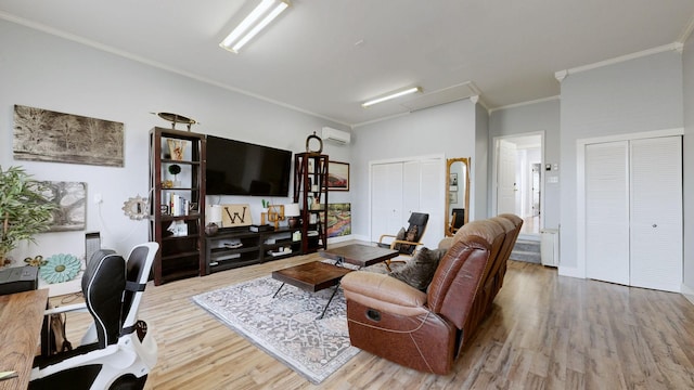 510 Castleview Dr, Lebanon, TN 37087 - living room featuring wood finished floors, a wall unit AC, and crown molding