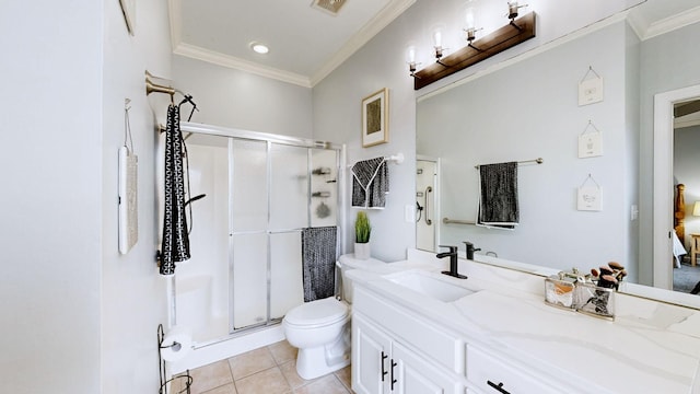 510 Castleview Dr, Lebanon, TN 37087 - full bath with vanity, crown molding, toilet, tile patterned floors, and a stall shower