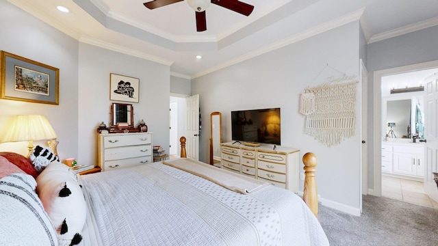 510 Castleview Dr, Lebanon, TN 37087 - bedroom with crown molding, a tray ceiling, recessed lighting, baseboards, and carpet floors