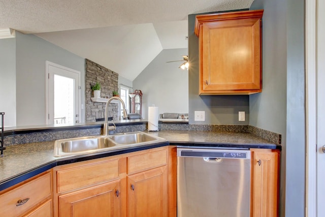 4425 Taylor Hall Ln, Adams, TN 37010 - kitchen featuring lofted ceiling, a sink, dark countertops, ceiling fan, and dishwasher