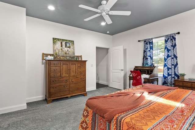 bedroom with baseboards, ceiling fan, recessed lighting, and carpet