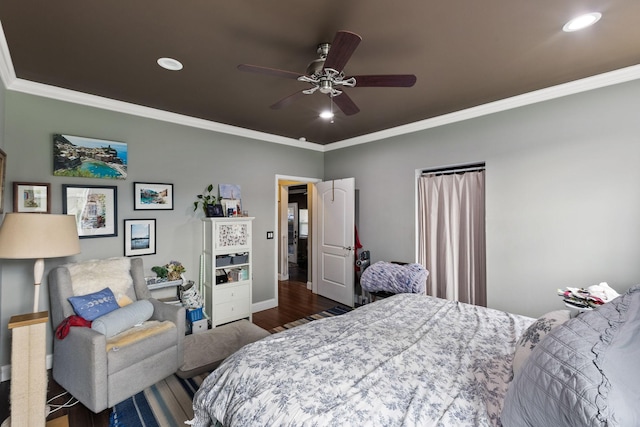 bedroom featuring baseboards, ornamental molding, wood finished floors, and recessed lighting