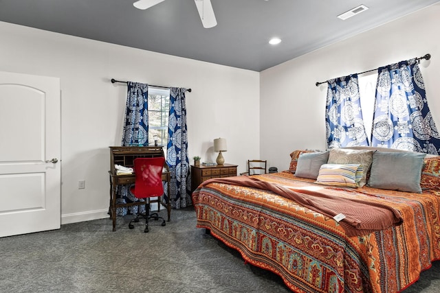 carpeted bedroom with a ceiling fan, recessed lighting, baseboards, and visible vents