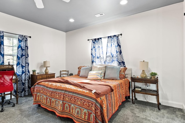 carpeted bedroom featuring a ceiling fan, recessed lighting, baseboards, and visible vents