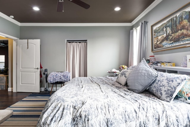 bedroom with baseboards, ornamental molding, wood finished floors, and recessed lighting
