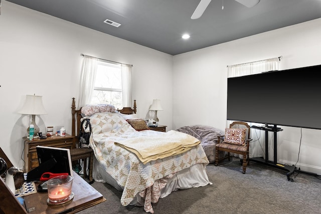 carpeted bedroom with visible vents, recessed lighting, and a ceiling fan