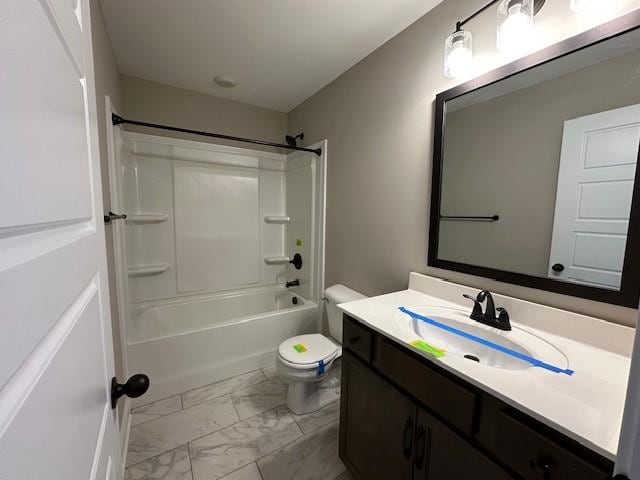 bathroom with marble finish floor,  shower combination, toilet, and vanity