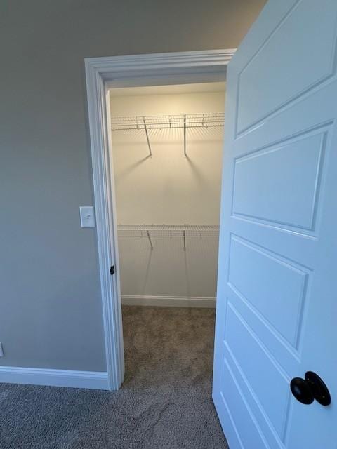walk in closet with dark carpet