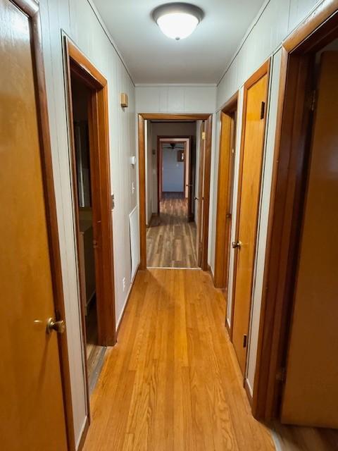 corridor featuring ornamental molding and light wood-type flooring