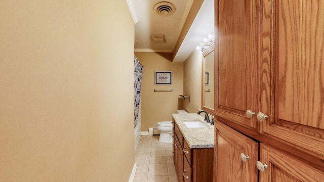 full bath with toilet, vanity, shower / tub combo, tile patterned flooring, and visible vents