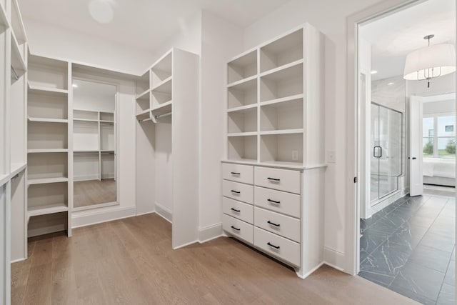 walk in closet with wood finished floors