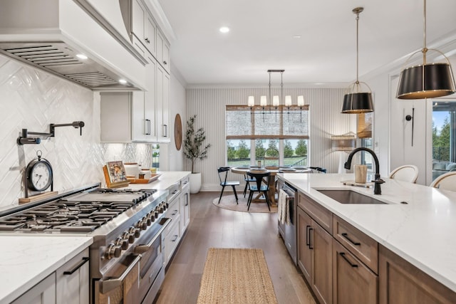 kitchen with wood finished floors, stainless steel appliances, premium range hood, a sink, and decorative light fixtures