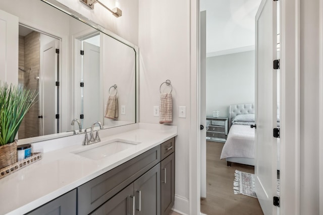 bathroom with ensuite bathroom, wood finished floors, and vanity