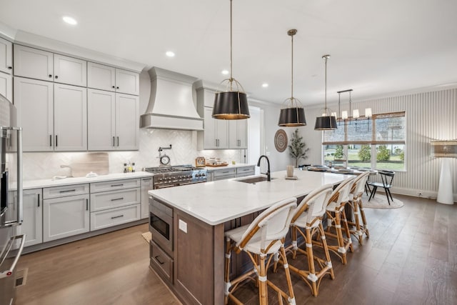 kitchen with a center island with sink, a sink, appliances with stainless steel finishes, custom exhaust hood, and wood finished floors