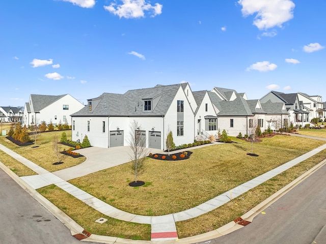 view of front facade featuring stucco siding, a front lawn, concrete driveway, and a residential view