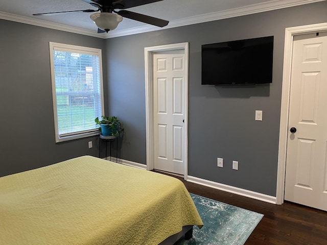 219 Wagoners Way, Westmoreland, TN 37186 - bedroom with dark wood-style flooring, crown molding, baseboards, and ceiling fan
