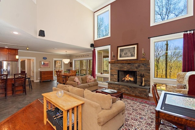 1748 Riverhaven Dr, Adams, TN 37010 - living room featuring baseboards, crown molding, and a stone fireplace