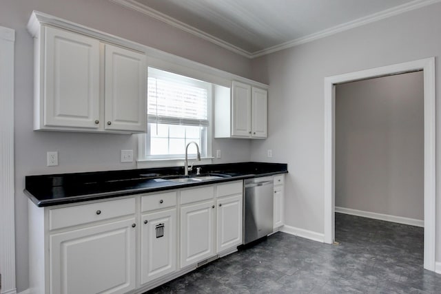 526 Christel Springs Dr, Clarksville, TN 37043 - kitchen featuring crown molding, a sink, dishwasher, dark countertops, and white cabinets