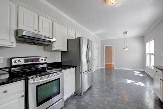 526 Christel Springs Dr, Clarksville, TN 37043 - kitchen featuring dark countertops, under cabinet range hood, white cabinetry, and stainless steel appliances