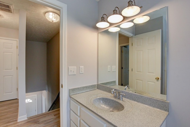 526 Christel Springs Dr, Clarksville, TN 37043 - bathroom featuring wood finished floors, vanity, a textured ceiling, and visible vents