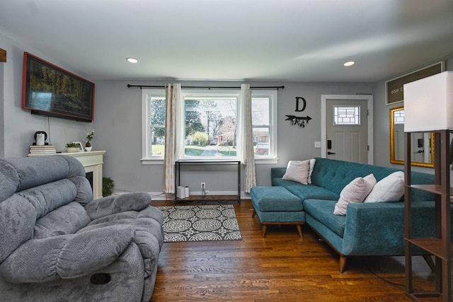 living room with recessed lighting, baseboards, a fireplace, and wood finished floors