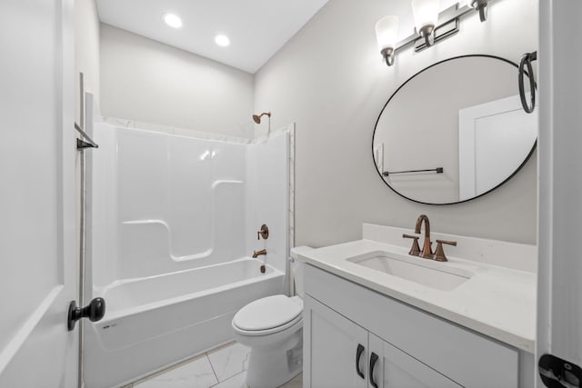 bathroom with marble finish floor, toilet, recessed lighting, vanity, and shower / washtub combination