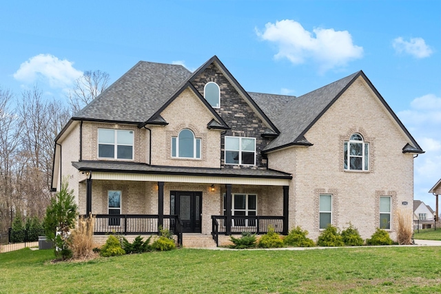 view of front facade featuring brick siding, a porch, and a front lawn