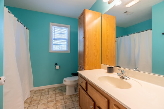 bathroom with baseboards, visible vents, toilet, and vanity
