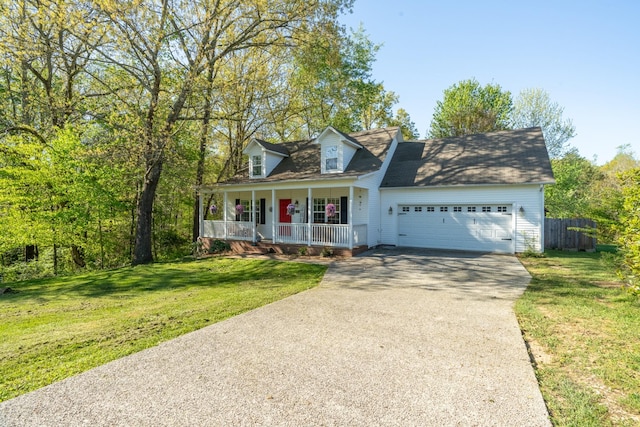 cape cod house featuring a porch, driveway, a front lawn, and an attached garage