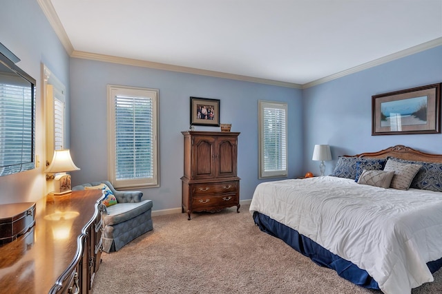 bedroom with multiple windows, crown molding, carpet floors, and baseboards