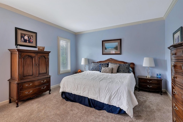 bedroom with light carpet, crown molding, and baseboards