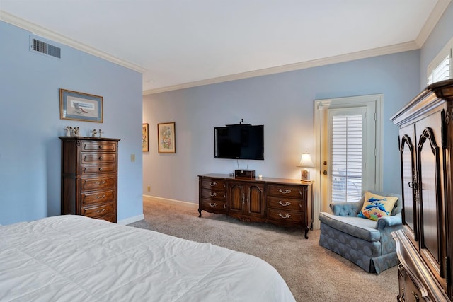 bedroom with light carpet, baseboards, visible vents, and ornamental molding