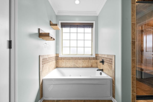 185 Kildeer Dr, Clarksville, TN 37040 - bathroom with a jetted tub, crown molding, and a shower stall