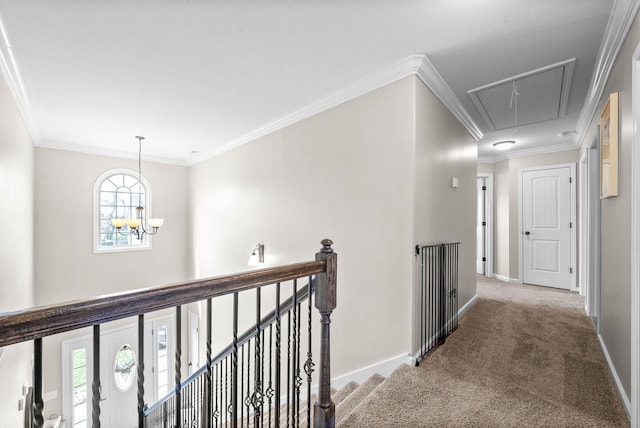 185 Kildeer Dr, Clarksville, TN 37040 - hall featuring an upstairs landing, carpet floors, a chandelier, attic access, and ornamental molding