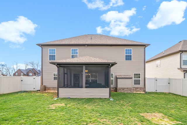185 Kildeer Dr, Clarksville, TN 37040 - back of property with a gate, a fenced backyard, a shingled roof, a sunroom, and a lawn
