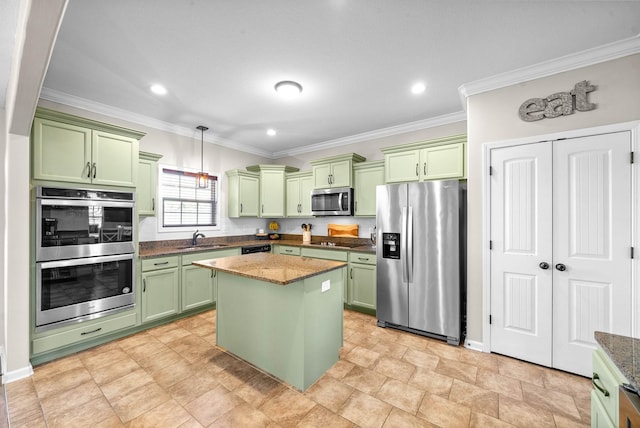 185 Kildeer Dr, Clarksville, TN 37040 - kitchen featuring black appliances, green cabinetry, a center island, and crown molding