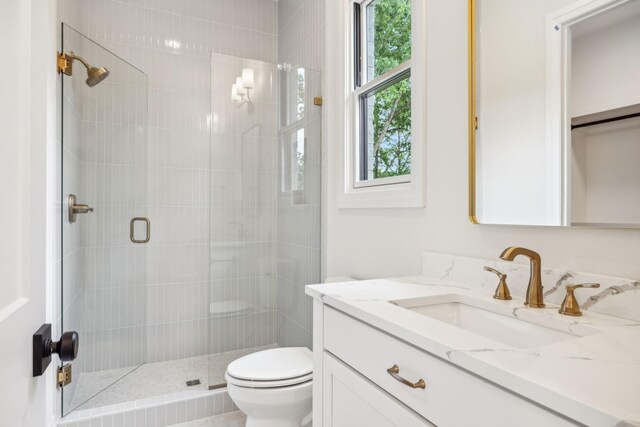 full bath featuring toilet, a stall shower, and vanity