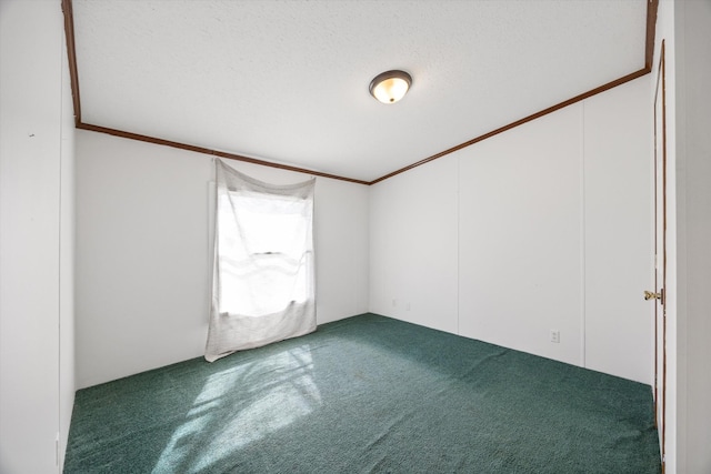 carpeted empty room with ornamental molding and a textured ceiling
