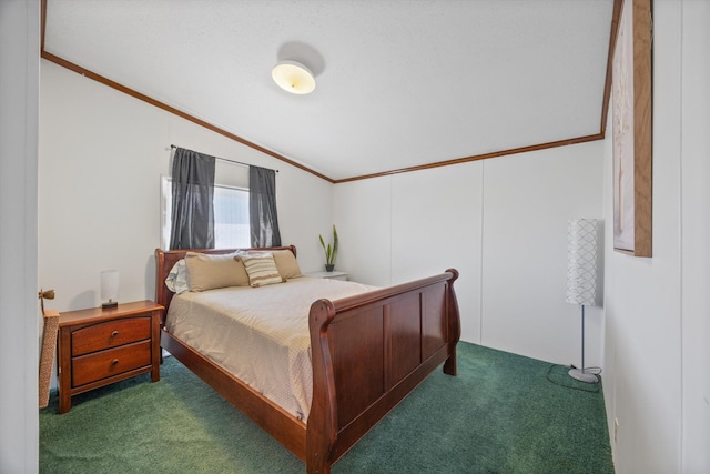 carpeted bedroom with crown molding and vaulted ceiling
